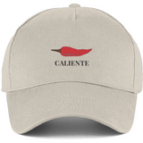 Beige cap cotton with red chili pepper and 'Caliente' text 