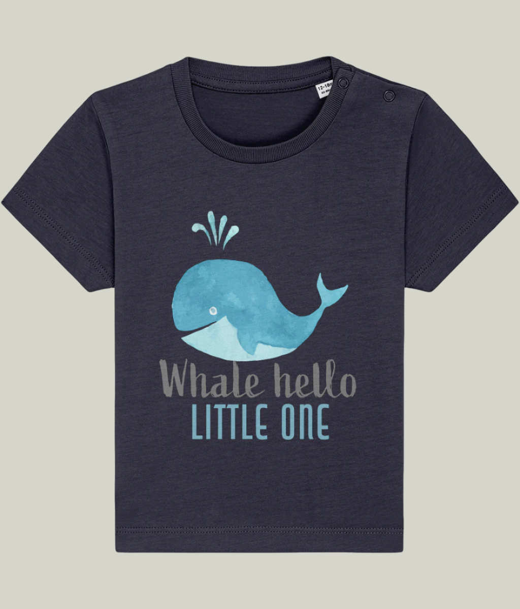 Navy blue organic cotton baby and toddler t-shirt with blue whale