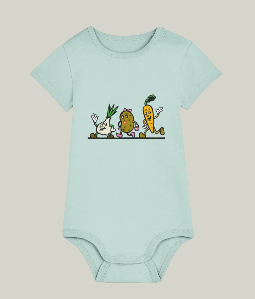 Blue organic cotton baby bodysuit, cartoon vegetables