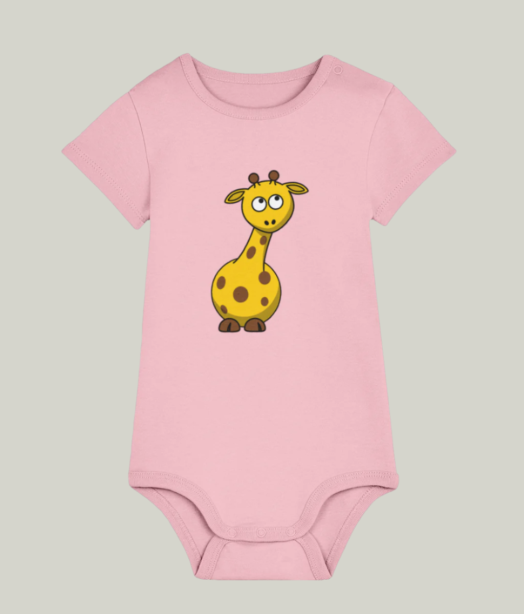 Cute giraffe organic cotton baby bodysuit, pink