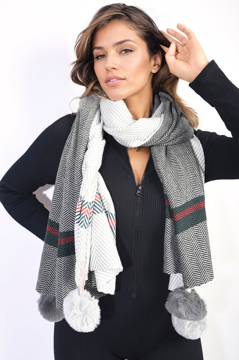 Striped Pompom Tassel Winter Scarf-2