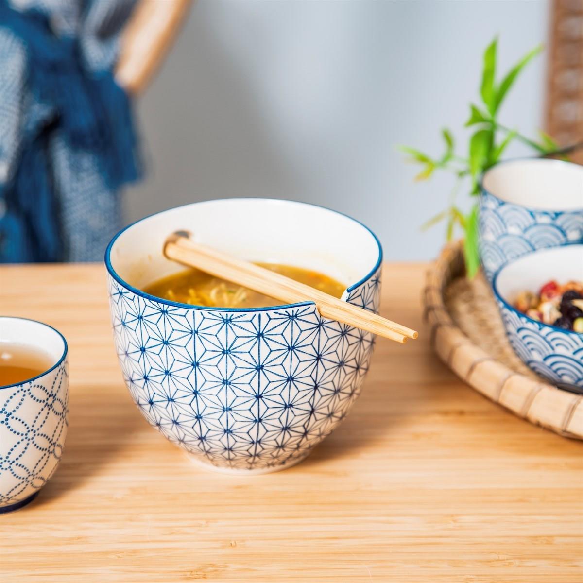 Sashiko Pattern Noodle Bowl with Chopsticks-2