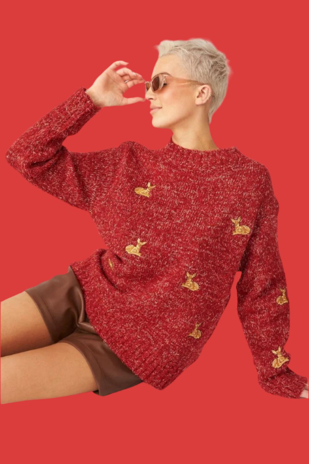 "Glitter Deer" Blended Cashmere and Banana Peel Christmas Jumper, Red