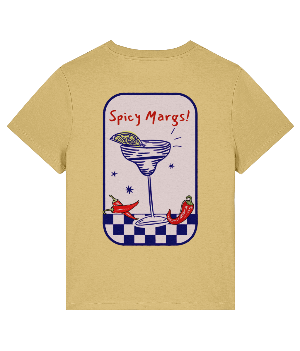 Yellow organic cotton t-shirt with 'Spicy Margs!' retro graphic 
