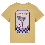 Yellow organic cotton t-shirt with 'Spicy Margs!' retro graphic 
