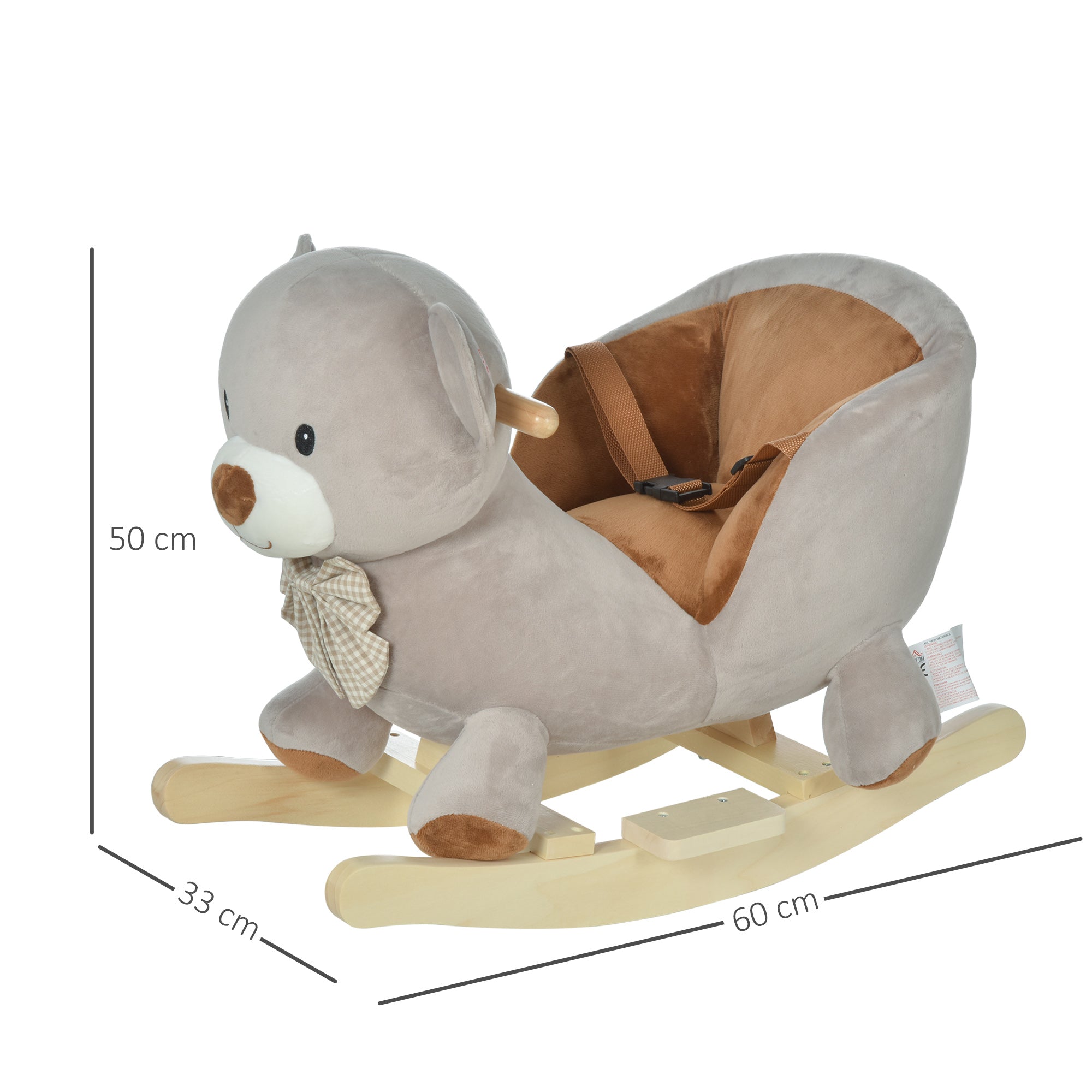 Kids Children Rocking Horse Plush Ride On Bear Seat w/ Sound Wood Base Seat Safety Belt Toddler Baby Toy Grey-2