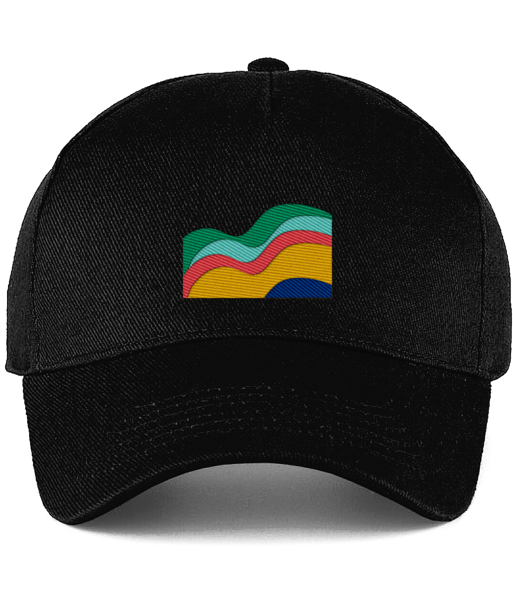Black cotton curved-peak cap with a colorful wave design