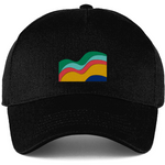 Black cotton curved-peak cap with a colorful wave design
