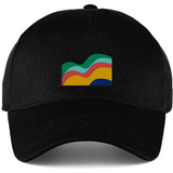 Black cotton curved-peak cap with a colorful wave design