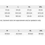 Measurement chart for a t-shirt with size guide and dimensions.