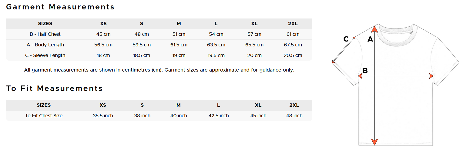 Measurement chart for a t-shirt with size guide and dimensions.